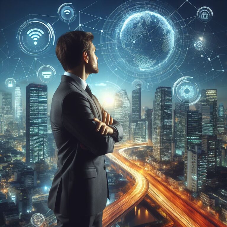 Businessman looking at the window with IoT elements.