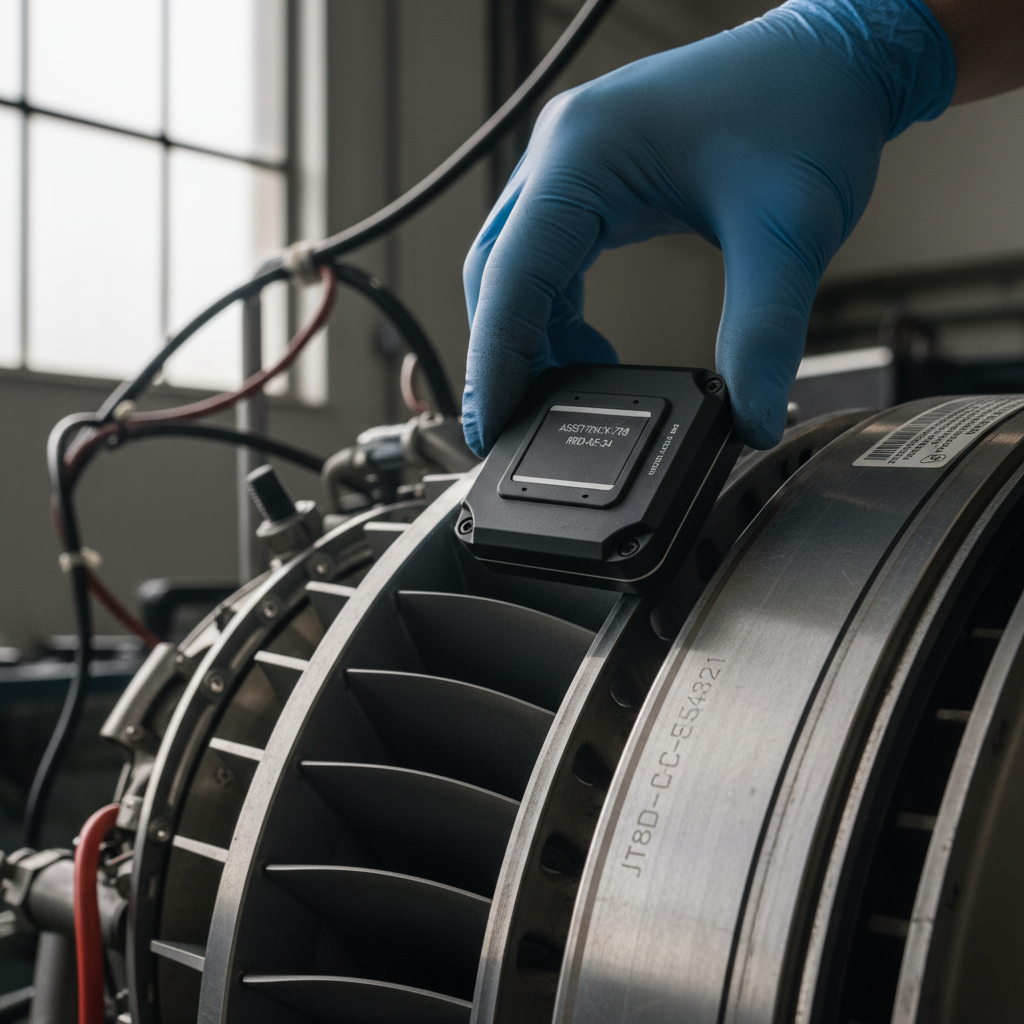 Close up of a technician installing a digital sensor for aerospace asset tracking technology on a metallic engine part.
