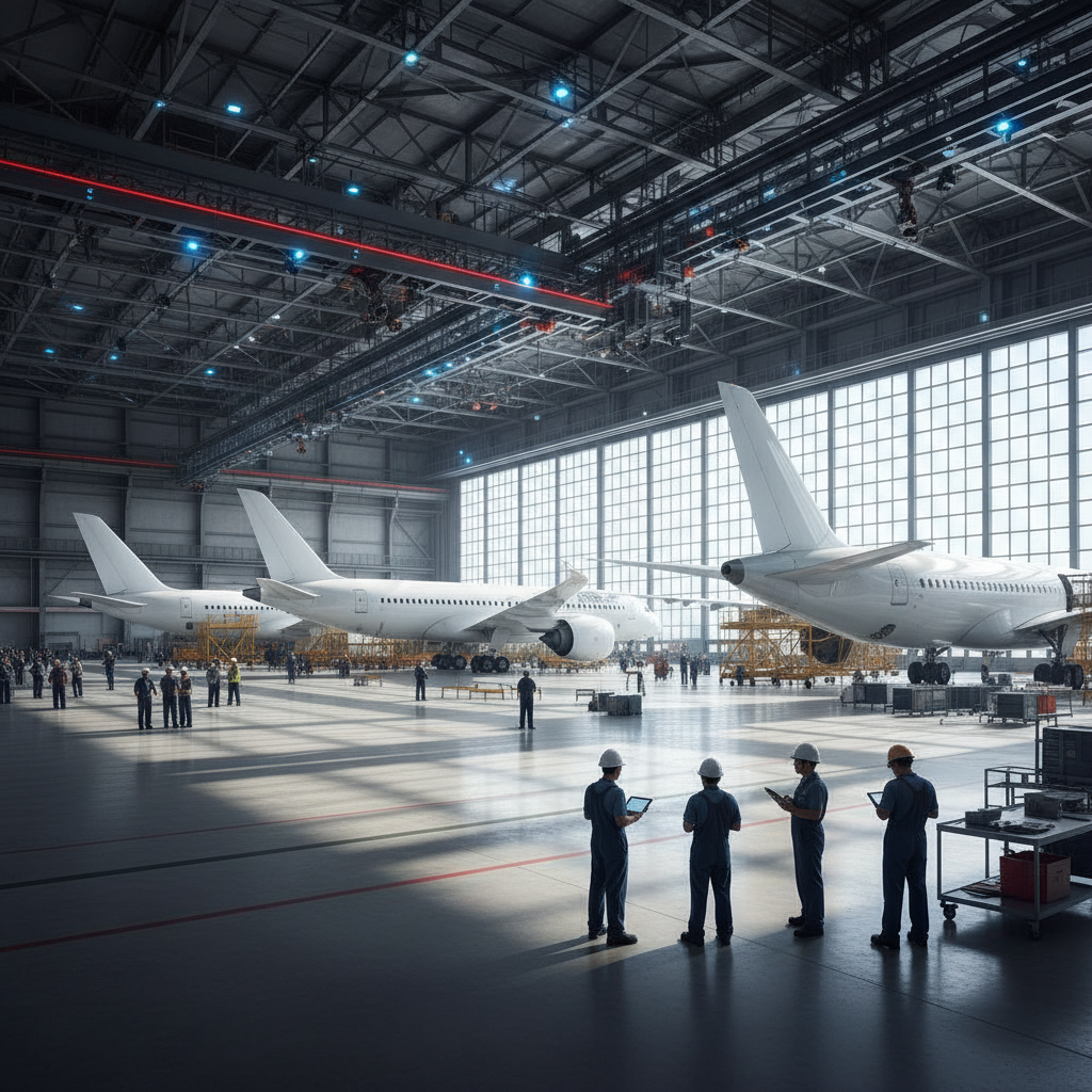 Wide view of a large aircraft hangar with jets showing the scale of aerospace asset tracking technology in use.