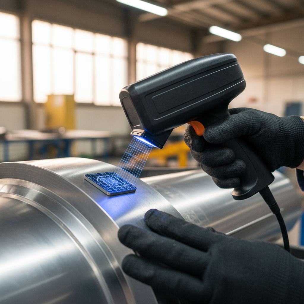 Detailed close-up of a technician scanning a turbine part addressing aerospace industry asset visibility trends via sensors.