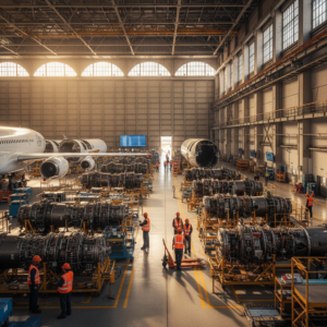 Engineers monitor equipment in a vast hangar reflecting aerospace industry asset visibility trends on a global scale.
