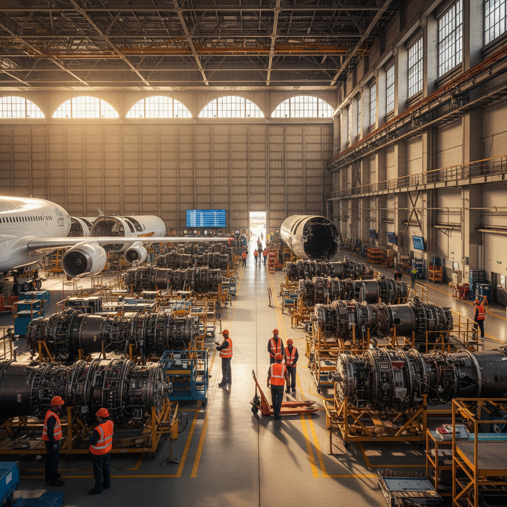 Engineers monitor equipment in a vast hangar reflecting aerospace industry asset visibility trends on a global scale.