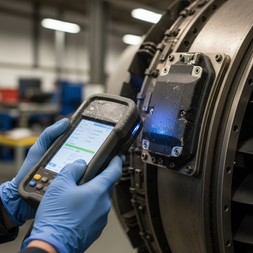 A close up of a technician using an aircraft asset tracking system device to scan specialized engine parts.