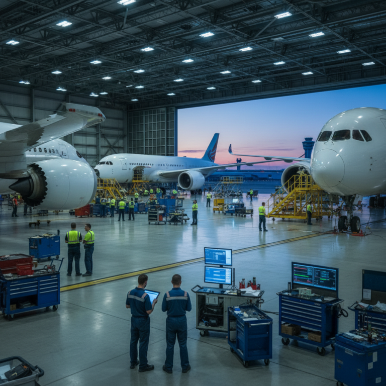 Wide view of a hangar and jets managed by an aircraft asset tracking system under professional lighting.