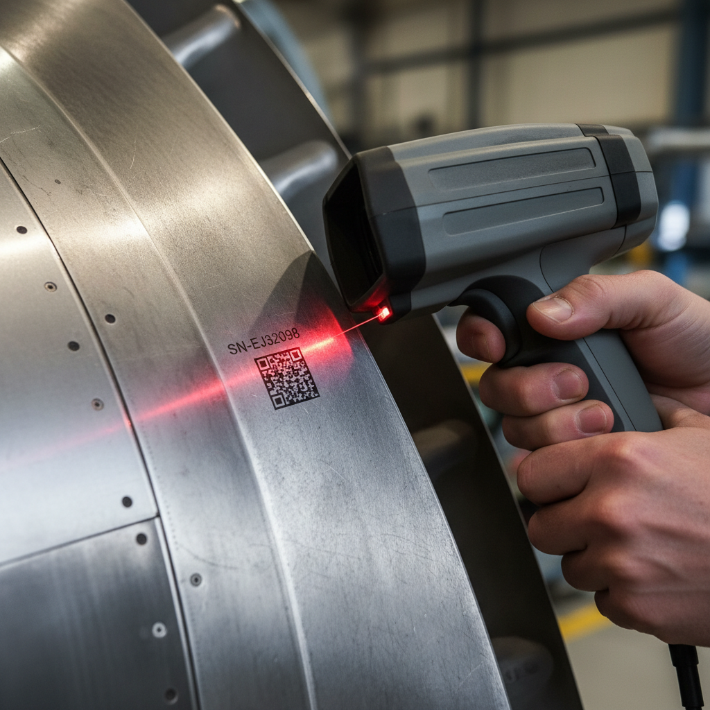 Technical close up of a worker scanning a engine part using an electronic aircraft component traceability system in a shop.