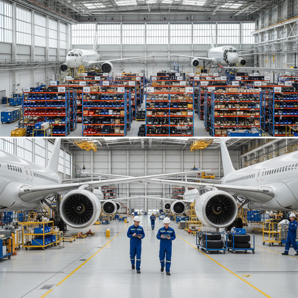 Wide view of a modern hangar facility showing an integrated aircraft component traceability system for parts inventory.