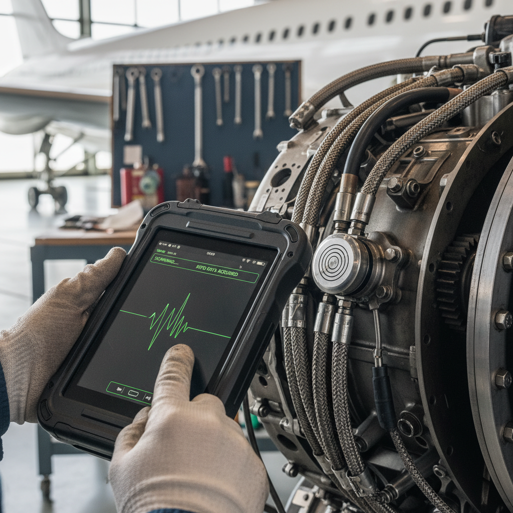 A close up look at a technician using a device for aircraft equipment location tracking on a metal engine part.