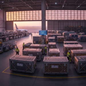 Wide view of a busy hangar facility showing workers managing aircraft equipment location tracking near transport crates.