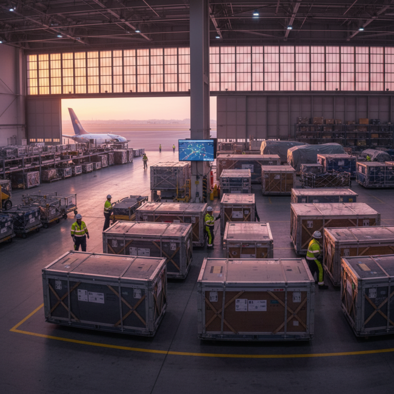 Wide view of a busy hangar facility showing workers managing aircraft equipment location tracking near transport crates.
