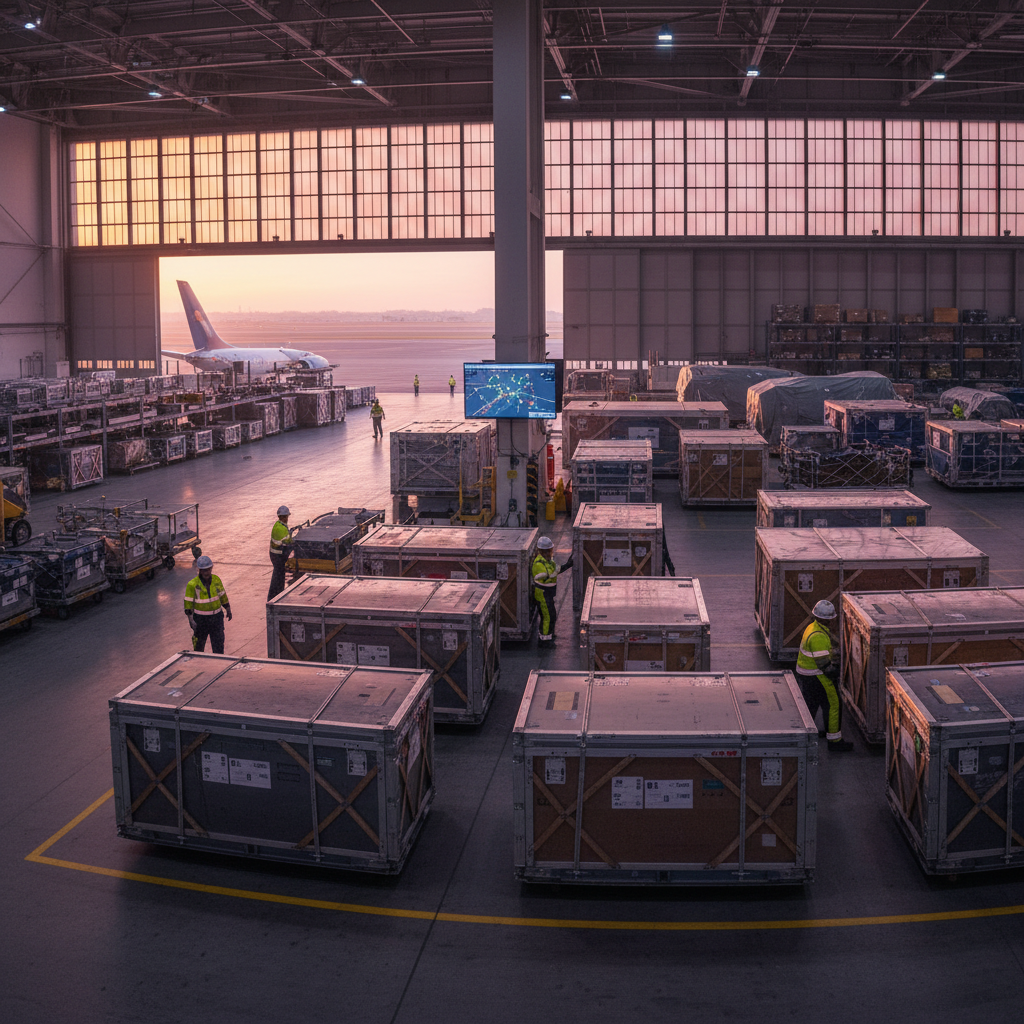 Wide view of a busy hangar facility showing workers managing aircraft equipment location tracking near transport crates.