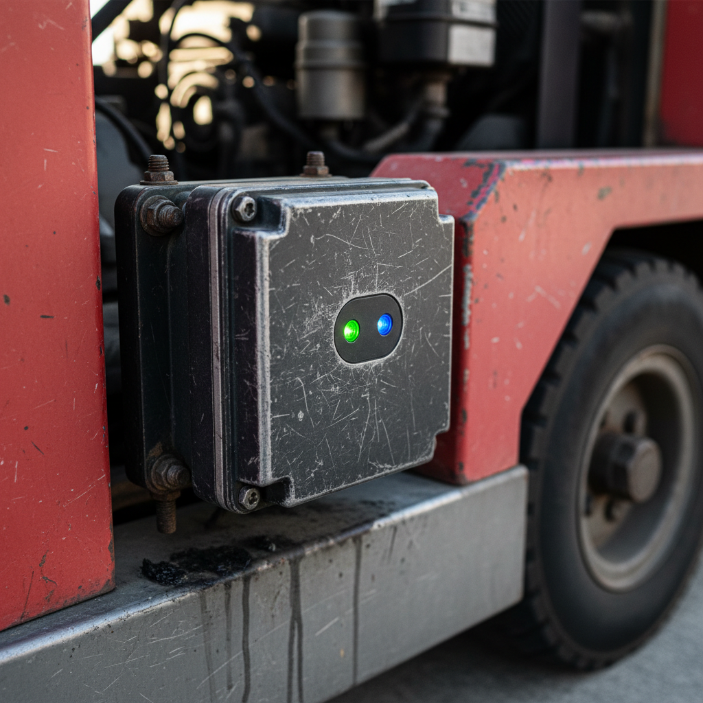 Close up of a telemetry sensor on a tractor for aircraft ground support equipment tracking during daily airport operations.