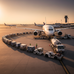 Wide view of airport ramp vehicles near a plane illustrating aircraft ground support equipment tracking in a busy terminal.