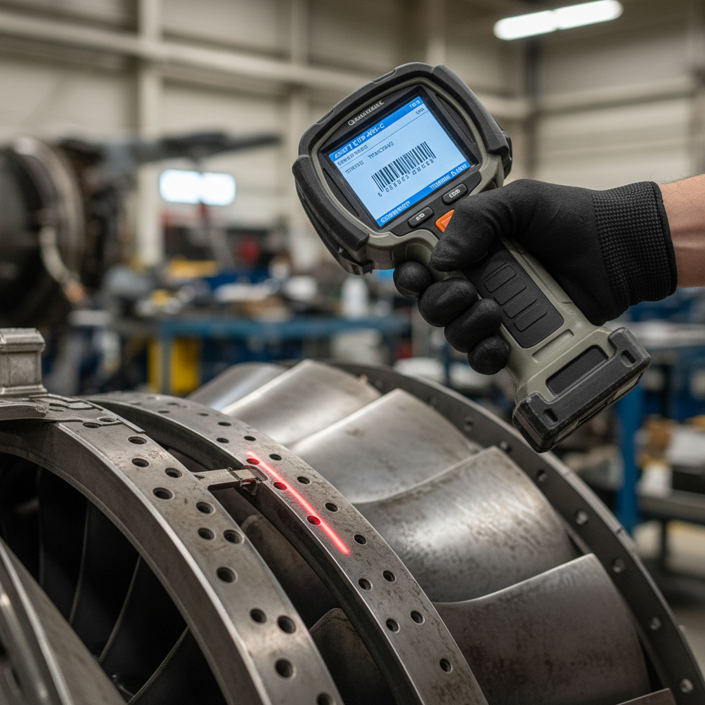 Close up of a technician using aircraft inventory tracking solutions to scan a specific engine part in a maintenance bay.
