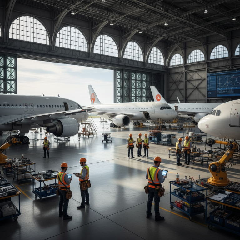 Wide view of a hangar where technicians use aircraft inventory tracking solutions to manage large fleets of commercial planes.