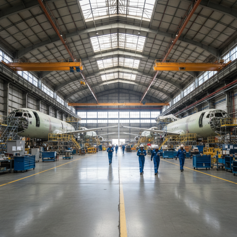 Wide aircraft hangar view showing why aircraft manufacturers need asset tracking for large scale production floor management.