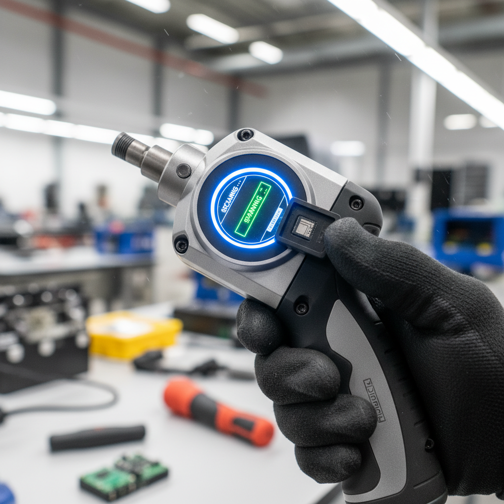 Close up of a technician using a digital aircraft tooling tracking system to scan a specialized maintenance wrench.