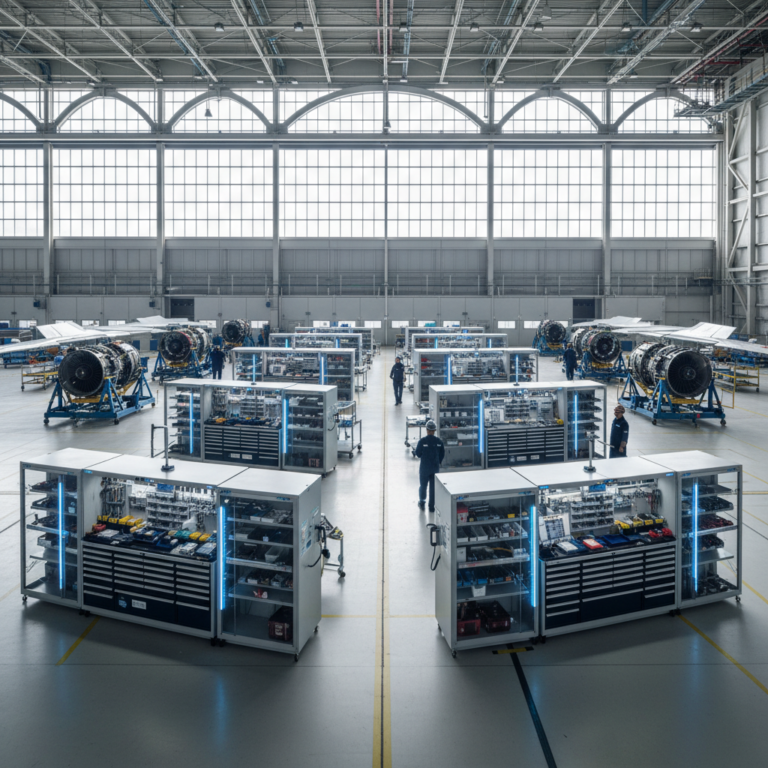 Wide view of a hangar floor showing an integrated aircraft tooling tracking system managing equipment near large jets.