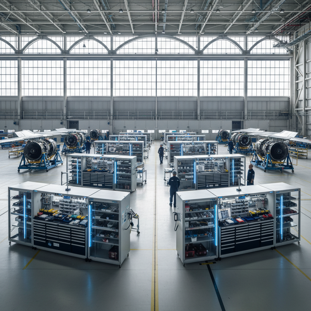 Wide view of a hangar floor showing an integrated aircraft tooling tracking system managing equipment near large jets.
