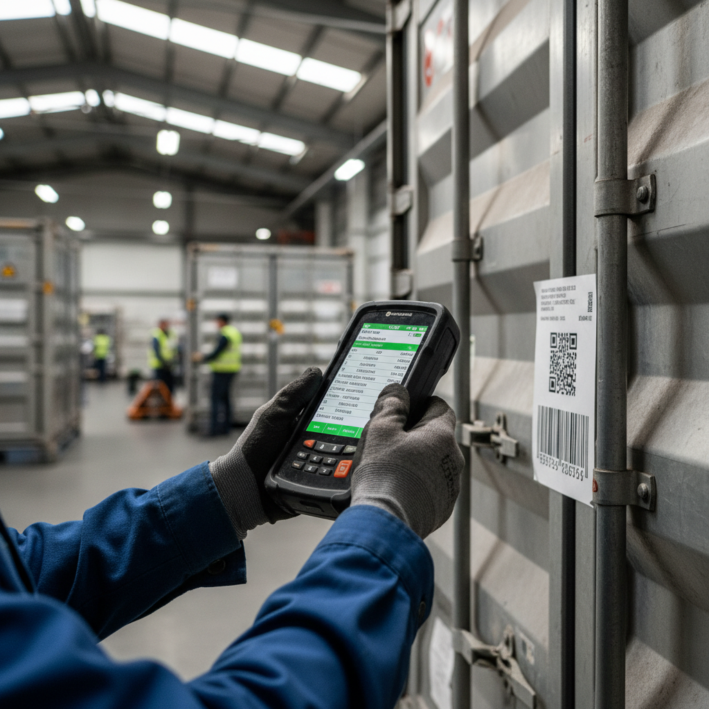 Close up of a worker using a digital scanner for airfreight cargo tracking on a metal transport container.