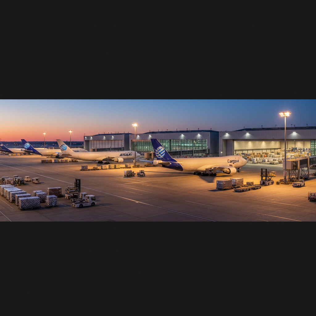 Wide view of airport terminal and planes representing the global scale of airfreight cargo tracking logistics.