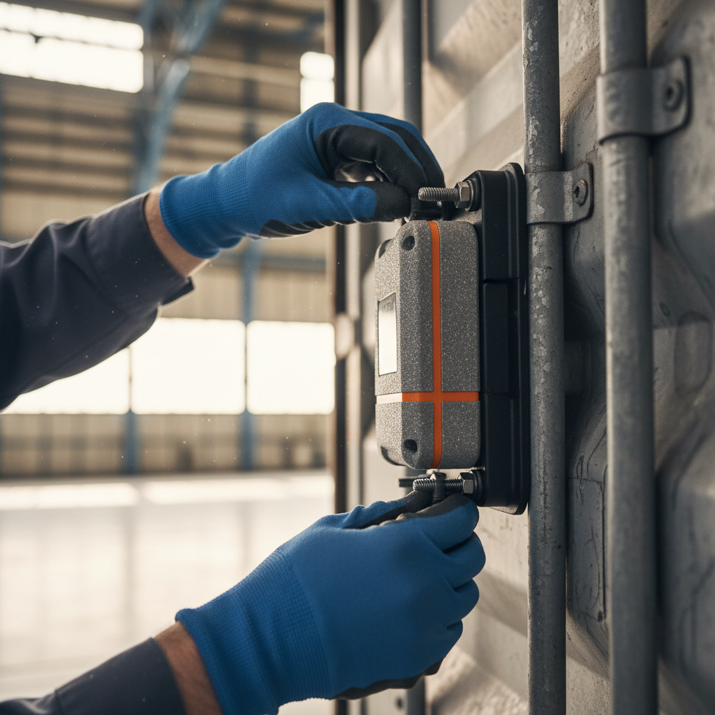 Close up of a technician mounting an airfreight certified tracker on a metal shipping container in a warehouse.