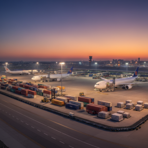 Wide view of a busy airport cargo terminal at night showing logistics operations and an airfreight certified tracker system.