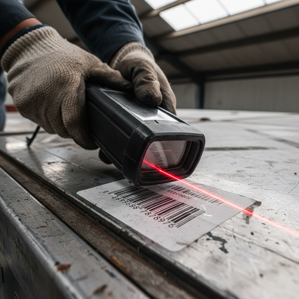 Close up of a worker using a handheld scanner on a cargo box for precise airfreight tracking in a terminal.