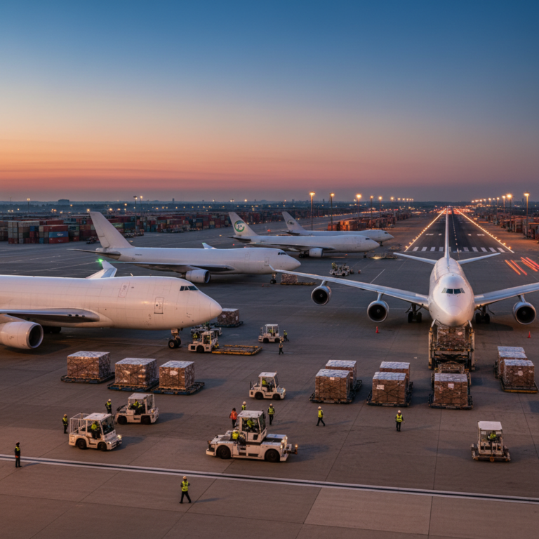 Wide view of a busy airport cargo hub at night showing the global scale of professional airfreight tracking systems.