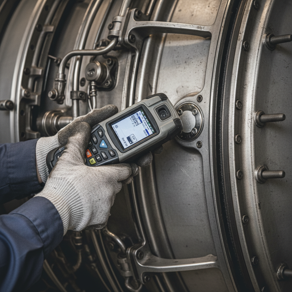 A technician scans a digital tag on a jet engine to show how asset tracking works in aviation at a technical level.