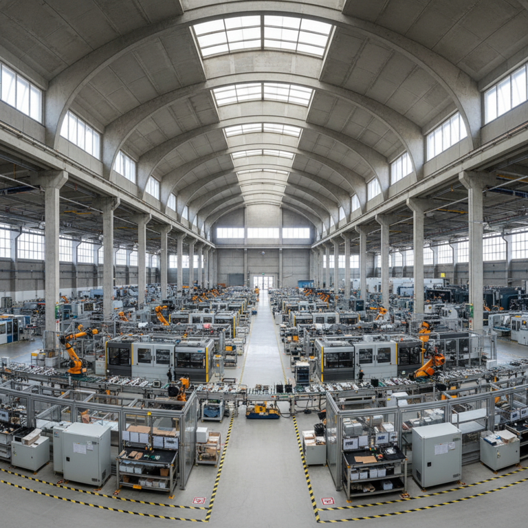 Wide angle view of a vast industrial facility and production floor with rows of modern large scale machinery.