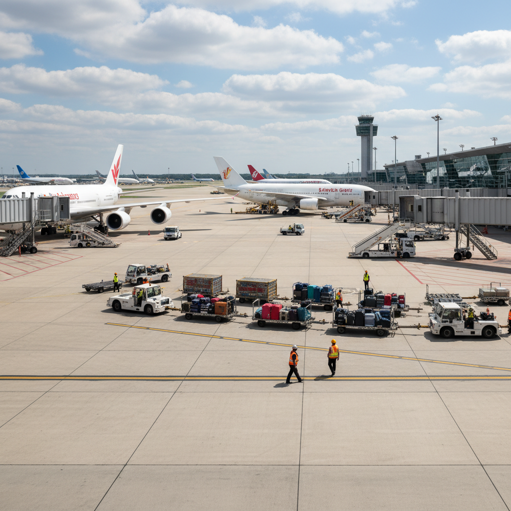 Wide view of airport ground equipment and planes illustrating how asset tracking works in aviation across the tarmac.