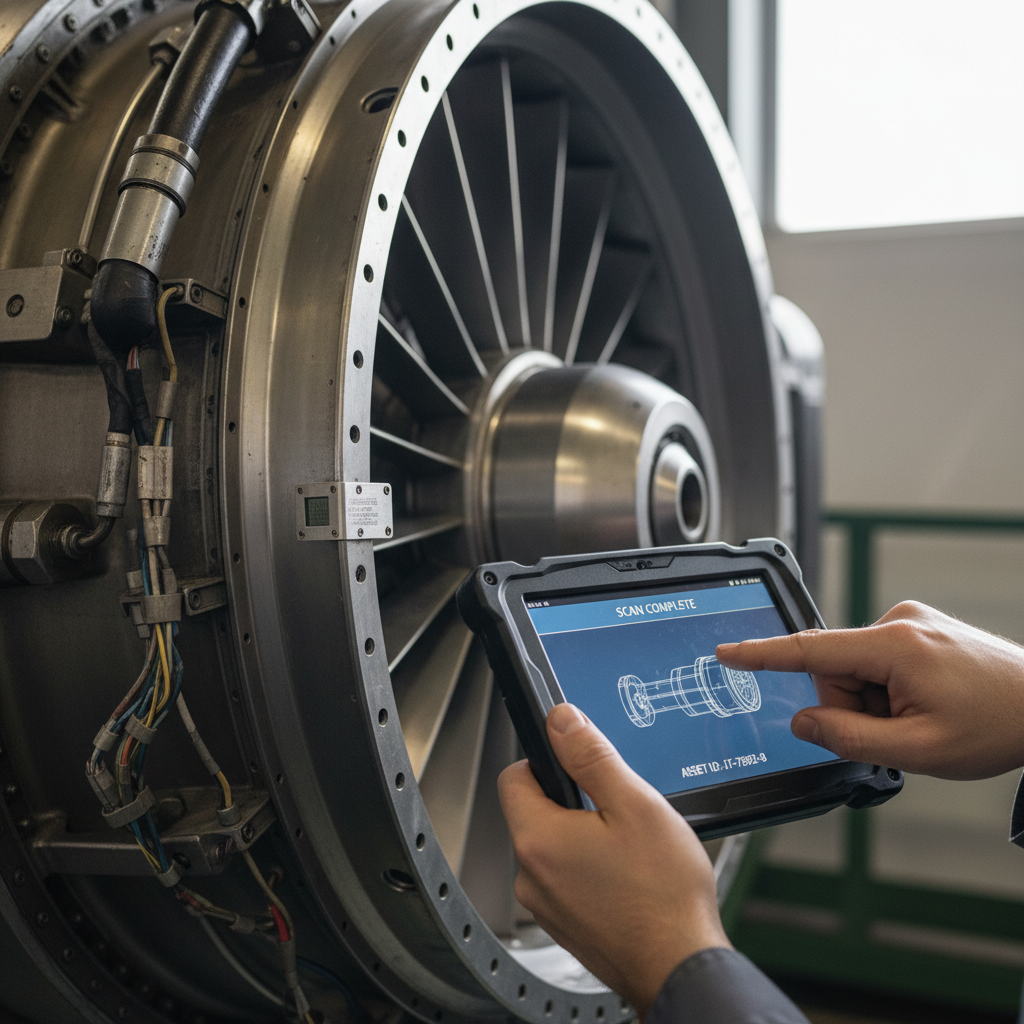 Technician scanning a jet engine part to improve aviation asset visibility solutions through digital tracking tools.