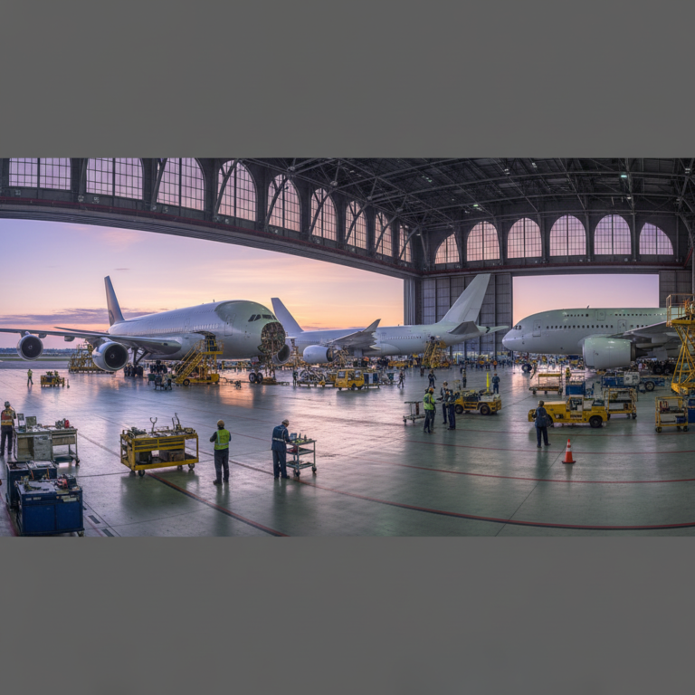Wide view of a large aircraft hangar showing fleet management for aviation asset visibility solutions in real time.