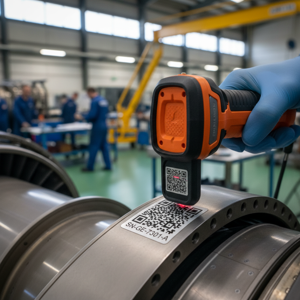 Close up of a technician scanning a part using aviation equipment tracking software to verify maintenance records in a shop.