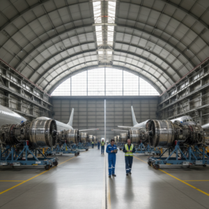 Industrial hangar view showing jet engines managed by aviation equipment tracking software for large scale inventory control.