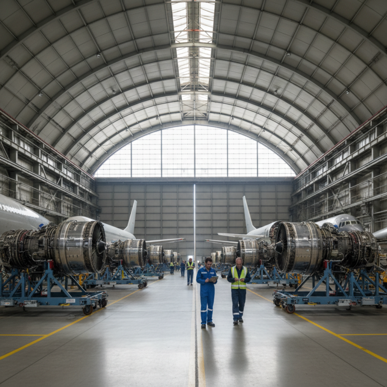 Industrial hangar view showing jet engines managed by aviation equipment tracking software for large scale inventory control.