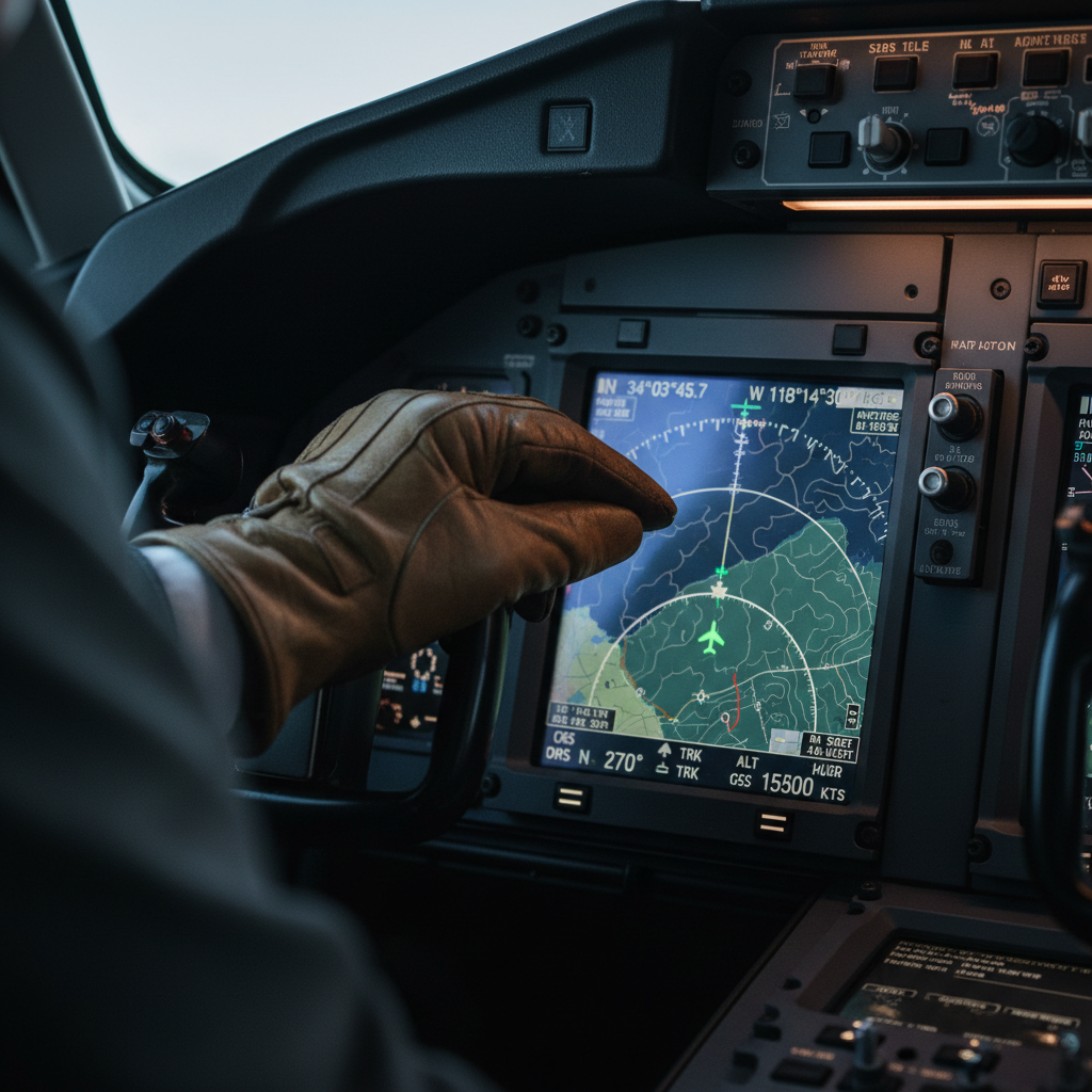 Close up of a cockpit display showing aviation gps tracking solutions and navigation data during a flight.