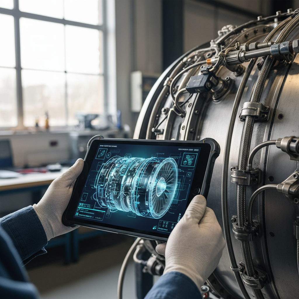 Close up of a tablet displaying digital transformation in aircraft maintenance 2026 data over a jet engine turbine.