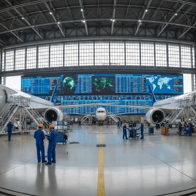 Aircraft hangar showing digital transformation in aircraft maintenance 2026 with technicians using tablets and datasets.