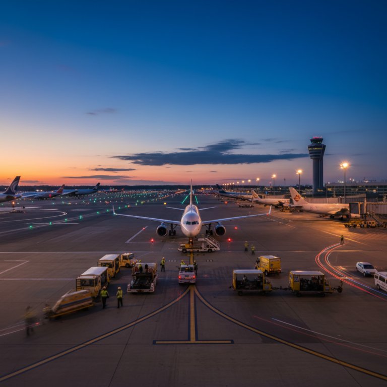 Wide view of airport tarmac and planes illustrating aviation asset tracking trends 2026 and industrial scale operations.