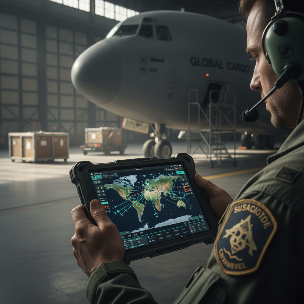 Close up of a logistics tablet used for global airfreight tracking with griffin air inside a cargo hangar.