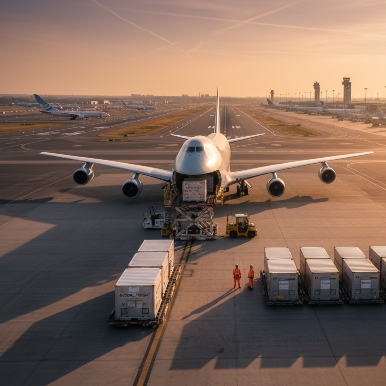 Cargo planes and logistics containers at an airport for global airfreight tracking with griffin air at sunset.
