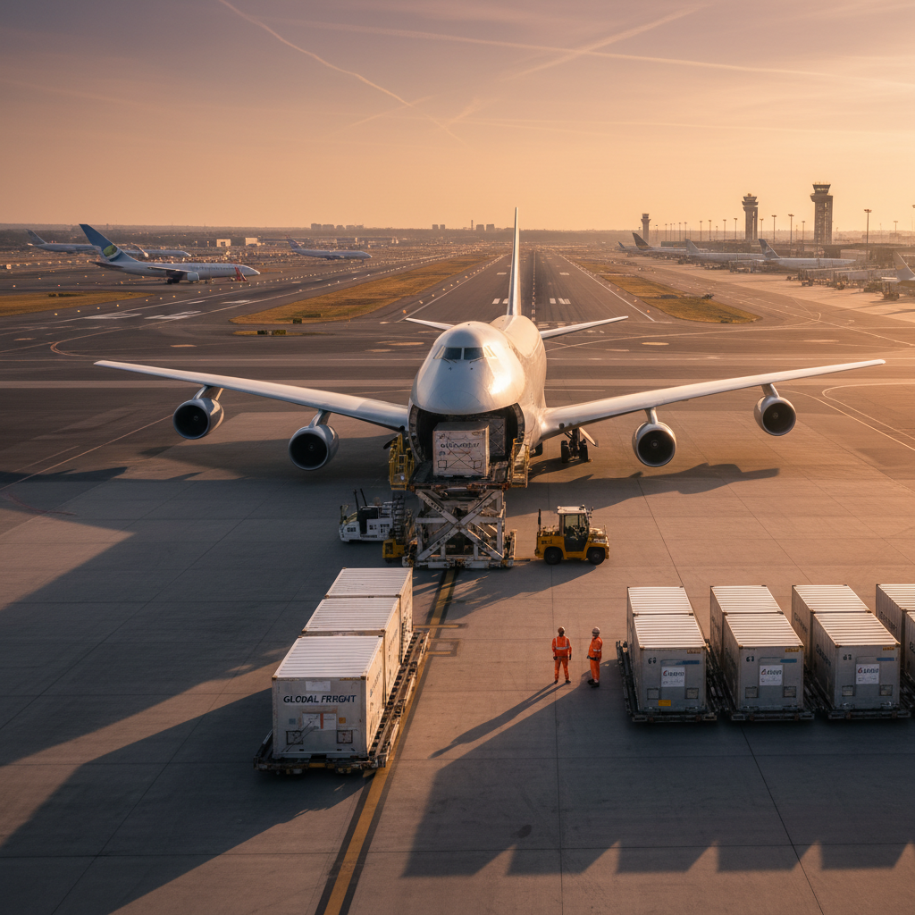 Cargo planes and logistics containers at an airport for global airfreight tracking with griffin air at sunset.