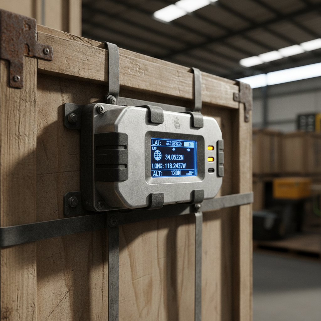 Close up of a smart sensor device used for global shipment monitoring with griffin air on a logistics container.