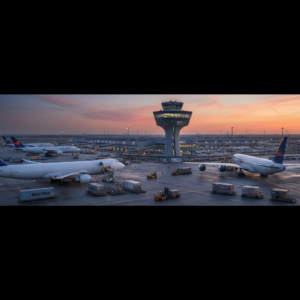 Wide view of a busy airport cargo terminal showing global shipment monitoring with griffin air scale and operations.