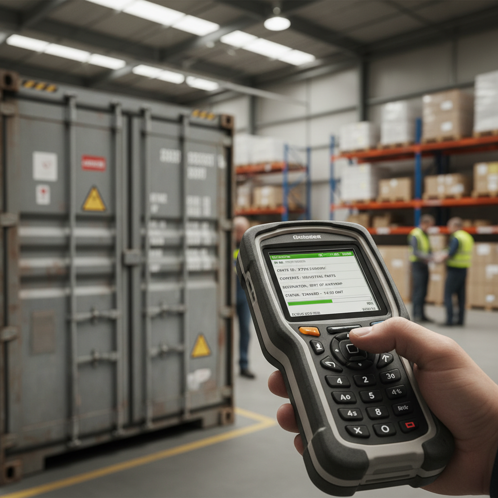 Close up of a technician using a digital scanner for griffin air cargo tracking solutions on a freight container.