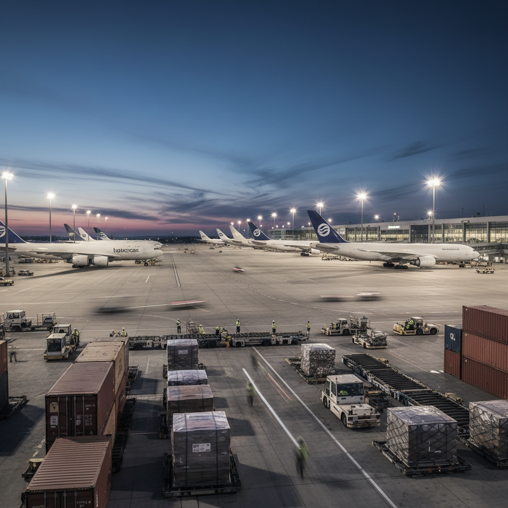 Logistics hub at dusk with planes and containers showing griffin air cargo tracking solutions in action at scale.