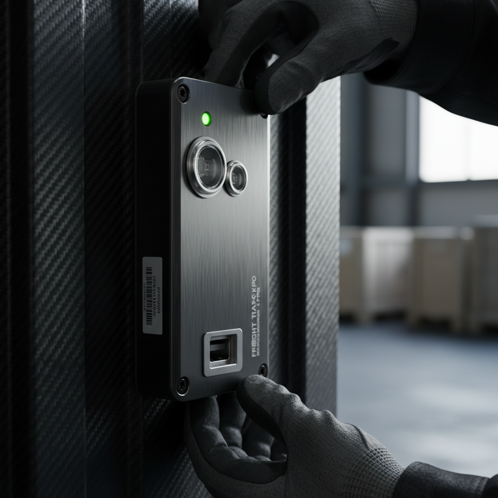 Technical close up of a specialist inspecting a sensor using Griffin Air certified tracking technology on a cargo unit.