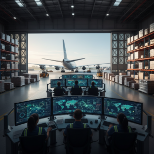 Wide view of a busy air cargo terminal integrated with Griffin Air certified tracking technology for global logistics.