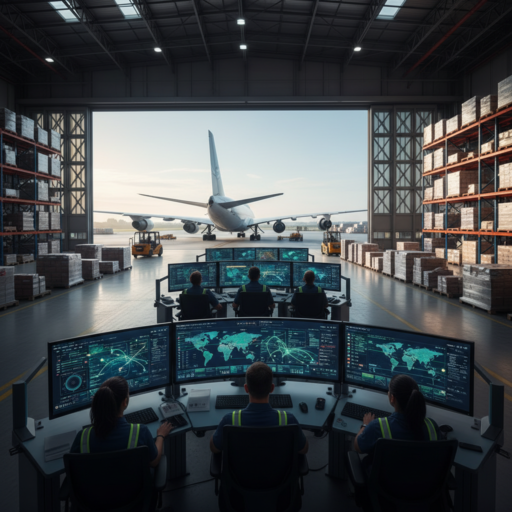 Wide view of a busy air cargo terminal integrated with Griffin Air certified tracking technology for global logistics.